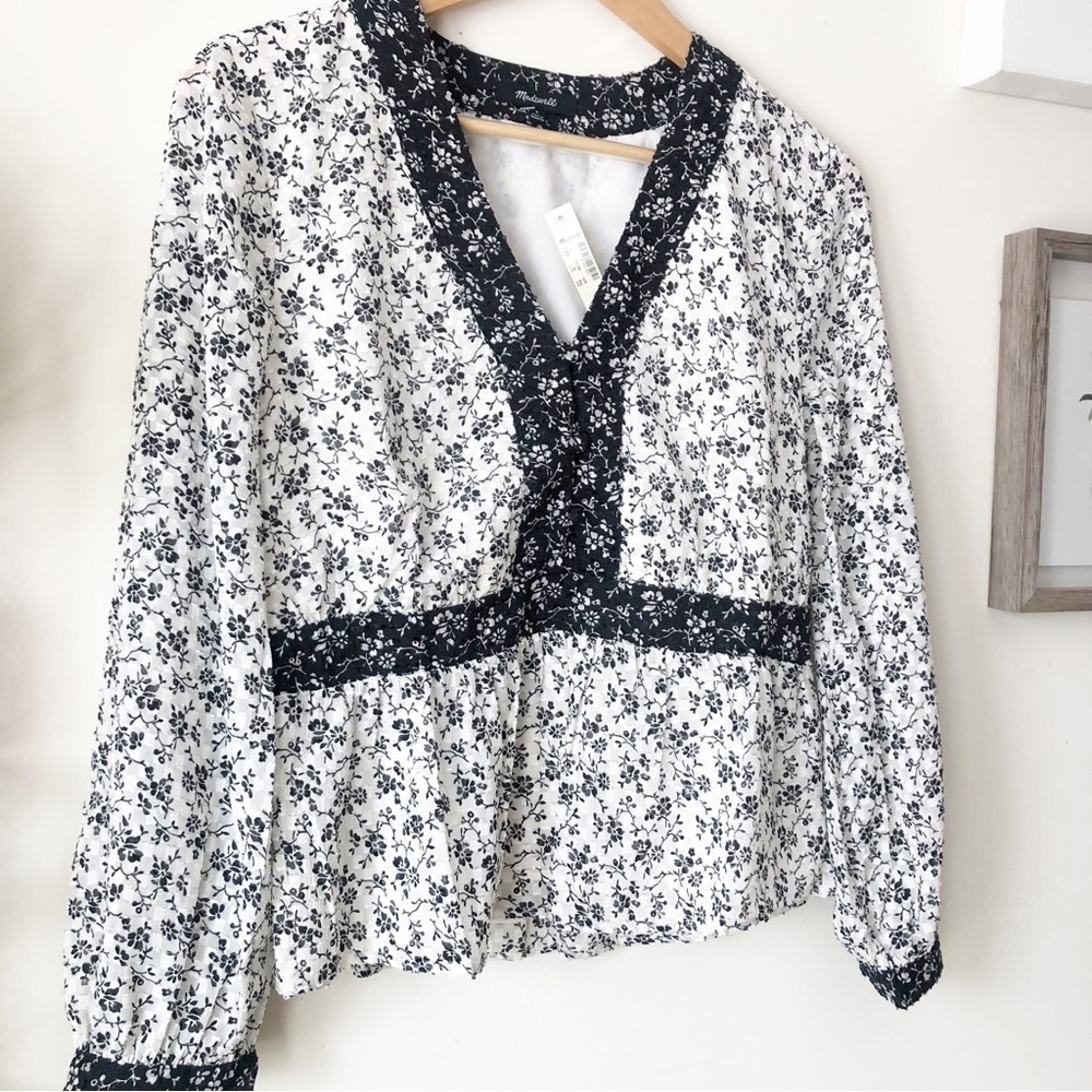 Madewell Clip-dot Branch Floral V-Neck Peplum Top Black White Dainty Monochrome - Picture 5 of 12